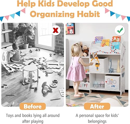 Miniatura 16 de Costzon Organizador de juguetes y libros para niños, armario de almacenamiento de madera con 5 estantes, 2 cajas y 3 ranuras, perfecto para sala de