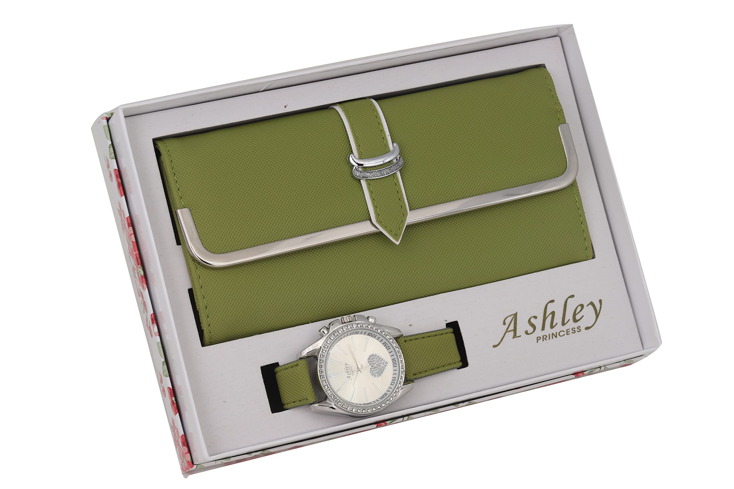 Ashley Princess Women's Easy Reader Colorful Watch Matching with Perfect Colorful Wallet which Holds Smartphone, Credit Cards, Cash & Change Organized - ST10038 Olive Green