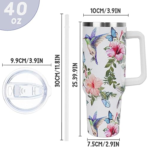 Miniatura 2 de Vaso de 40 onzas con asa y popote a prueba de fugas, taza aislada de 40 onzas con asa, taza de viaje para café de colibrí, vaso de viaje de 40
