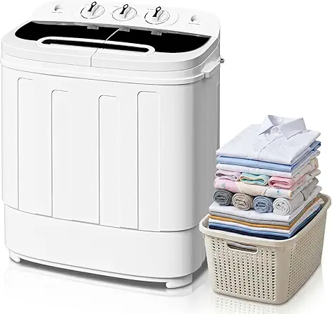 SUPER DEAL Compact Mini Twin Tub Washing Machine 13lbs Capacity Portable Washer Wash and Spin Cycle Combo, Built-in Gravity Drain for Camping, Apartments, Dorms, College, RV’s and Small Spaces
