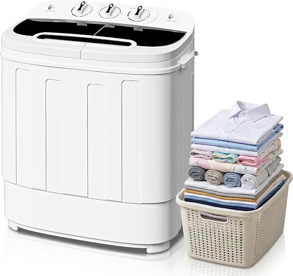 SUPER DEAL Compact Mini Twin Tub Washing Machine 13lbs Capacity Portable Washer Wash and Spin Cycle Combo, Built-in Grav