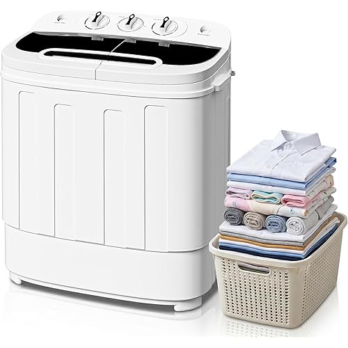 SUPER DEAL Compact Mini Twin Tub Washing Machine 13lbs Capacity Portable Washer Wash and Spin Cycle Combo, Built-in Gravity Drain for Camping, Apartments, Dorms, College, RV’s and Small Spaces