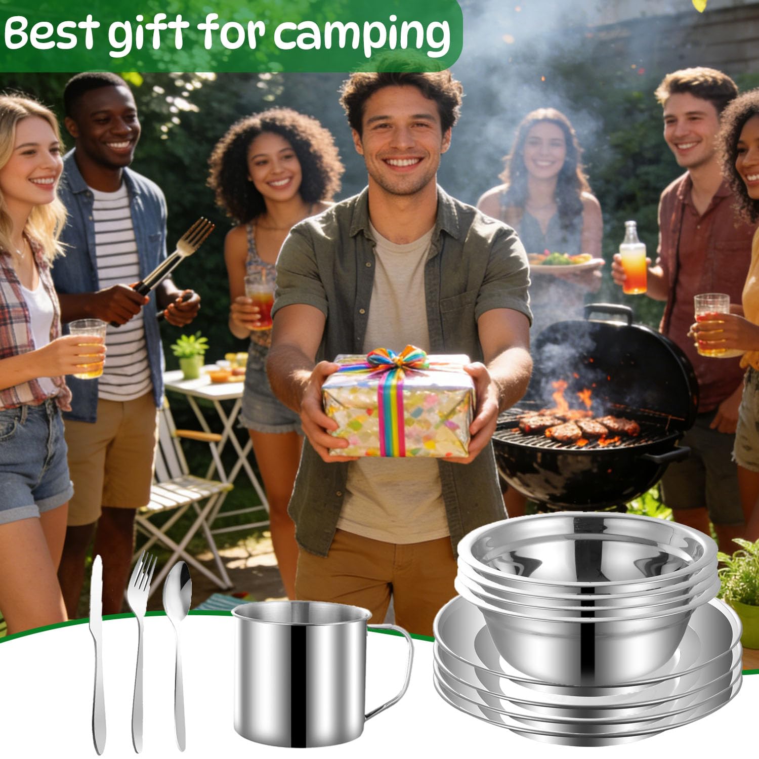Couvert Camping pour 4 Personnes,29 pièces Couverts Camping Acier Inoxydable Assiette Tasse Couteau Fourchette Cuillère Sac Rangement,pour Famille et Amis Randonnée Pique-Nique Voyage