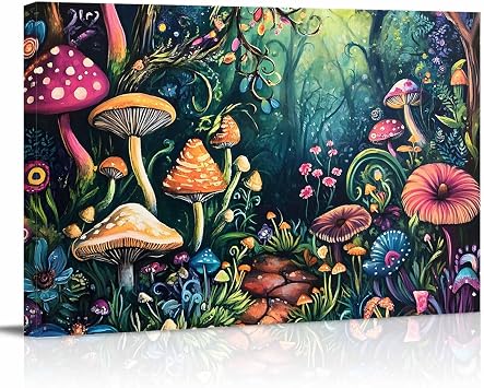 Mushroom Wall Decor for Living Room Bedroom, Dream Forest Botanical Floral Plant Bathroom Canvas Wall Art Aesthetic Modern, Kitchen Office Wood Oil Painting Pictures Decor 12"x8"