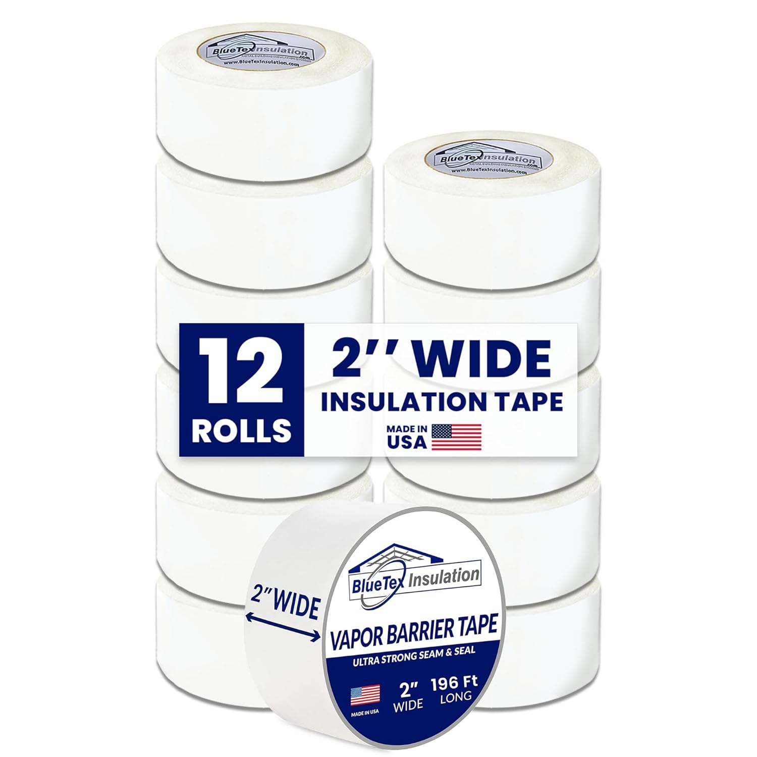 BlueTex Insulationㅤ 2'' Wide x 196' Long White Vapor Barrier Tape - for Garage Door Insulation, Crawlspaces, Repair, Underlayment Seams, Metal Building Insulation Seams - 1 Roll