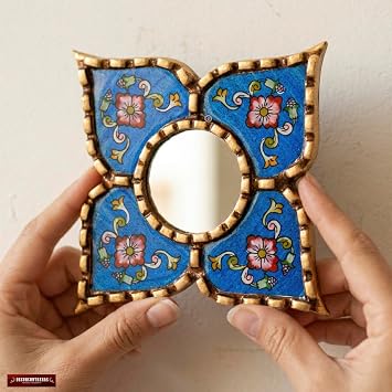 Artisan Small Decorative Mirror Reverse Painted Glass Blue