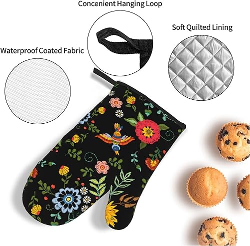 Miniatura 4 de Juego de 4 manoplas para horno y agarraderas florales mexicanas, guantes de cocina estilo campestre, antideslizantes, resistentes al calor, guantes