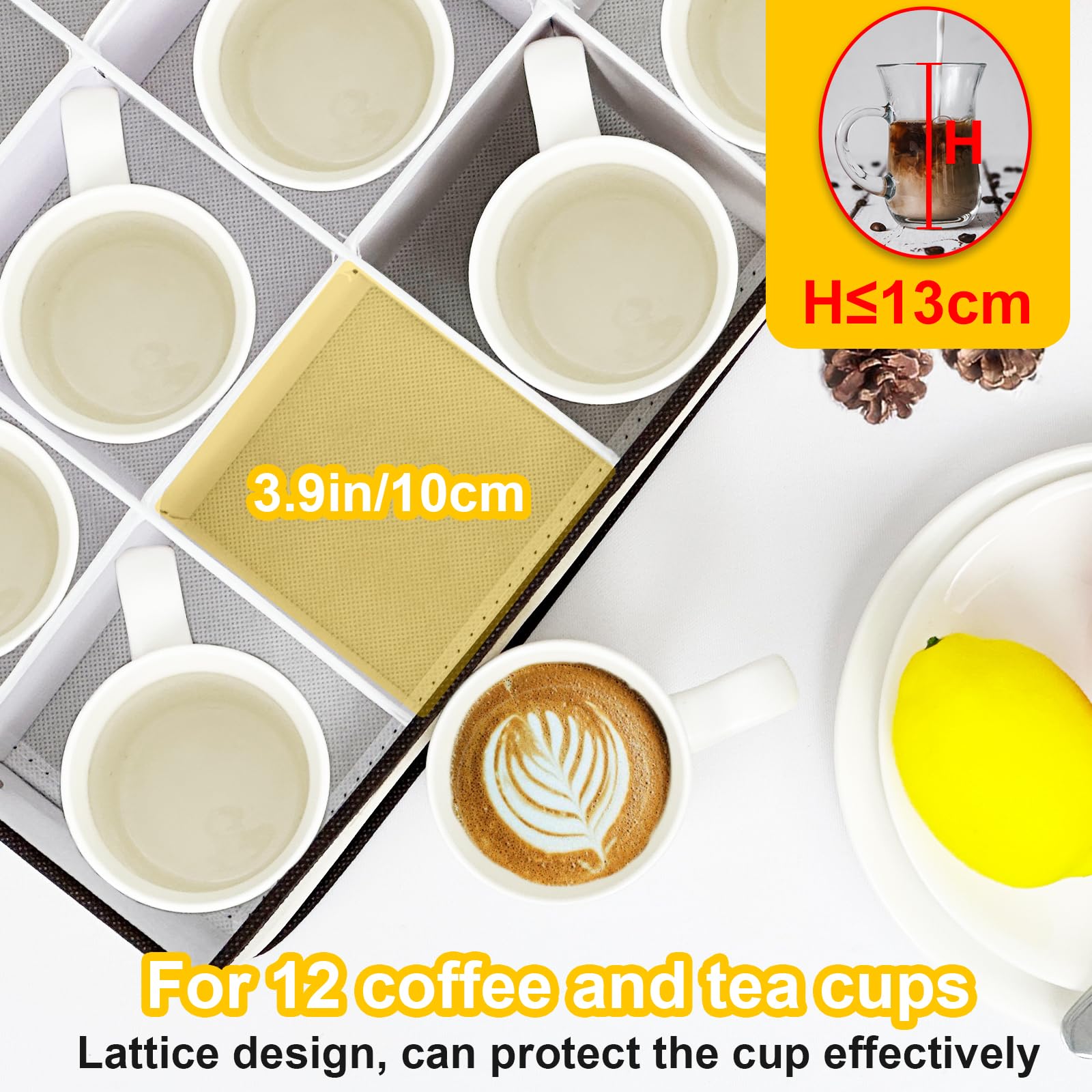 homyfort Lot de 2 boîtes de rangement pour tasses avec séparateurs, boîtes de rangement pour tasses en porcelaine à coque rigide avec compartiments pour 24 tasses à thé et tasses à café (beige)