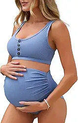 Biquíni de cintura alta com nervuras para gestantes, biquíni cropped com corte alto, duas peças, roupa de banho para gravidez