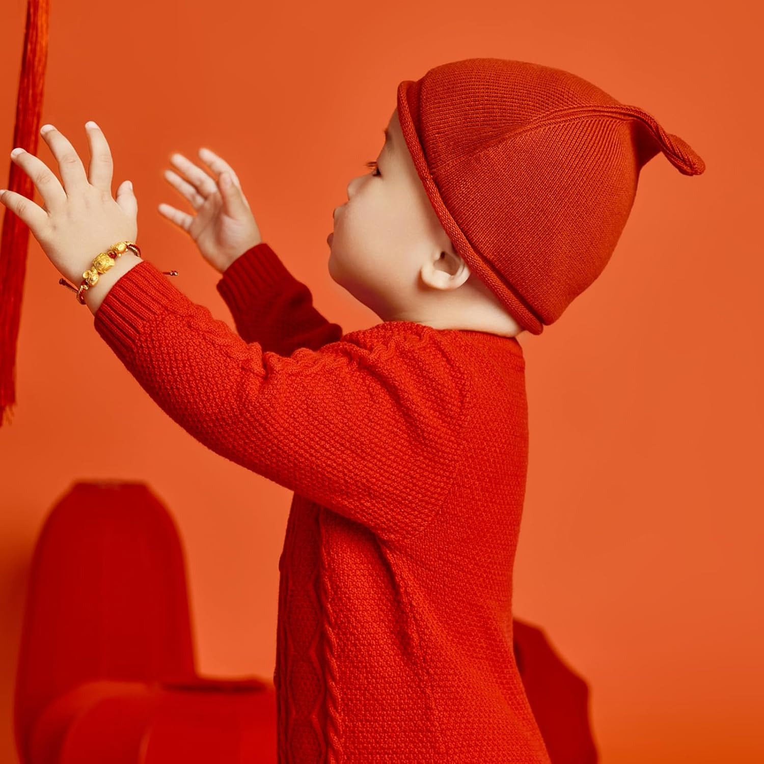 24K Solid Gold Bracelet Tiger Real Pure Gold Jewelry Lucky Chinese Zodiac Charm Red Braided Bracelet 5.1-7.5" A1711121