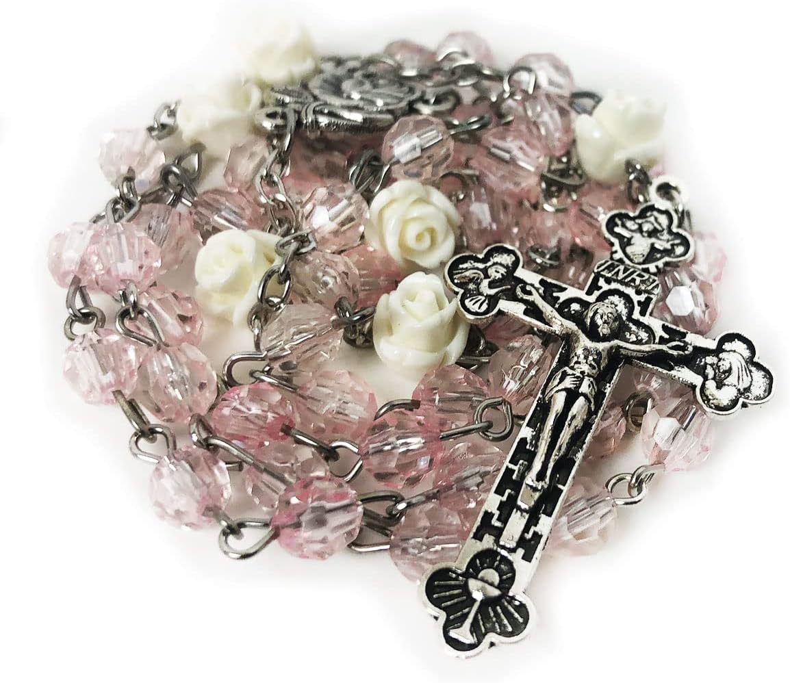 Lourdes Blush Pink Crystal Cut Cream Rose Rosary Beads Catholic for Women - Catholic Gifts - Rosary Necklace for Women - Image 3