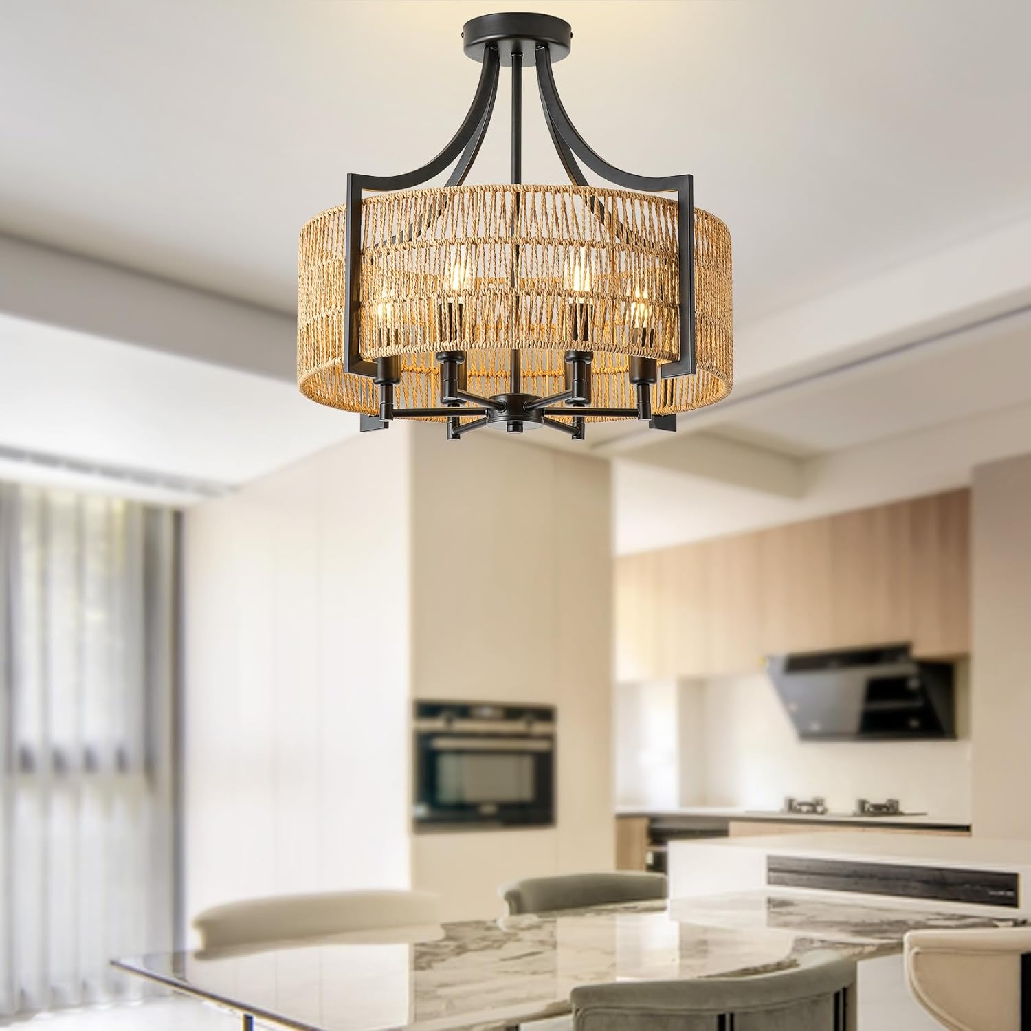 20" Large Rattan Chandeliers Ceiling Light Fixture, 6-Light Boho Rattan Hand-Woven Farmhouse Pendant Light Fixture Adjustable Suit for Dining Room Hallway Kitchen Island(Brown)