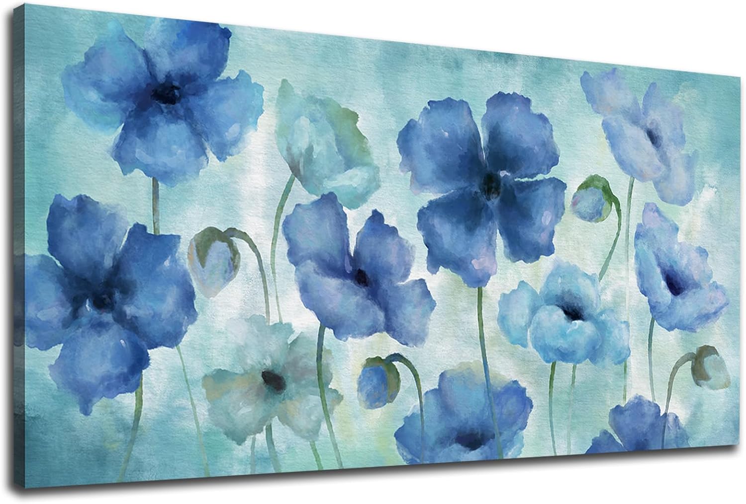 NINEASO Blue Abstract Flowers Wall Art - Elegant Floral Pictures Wall Decor Indigo Blue Green Blossom Canvas Painting Artwork Abstract Flowers Nature Print for Home Office Decoration 24" x 48"