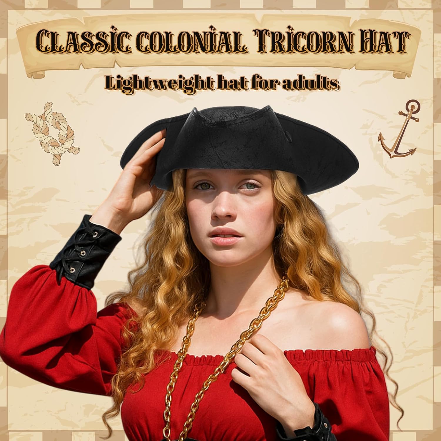 Pirate Hat Faux Leather Colonial Tricorn Hat for Adult Mardi Gras Costume Renaissance Carnival Dressed Accessories - Image 4