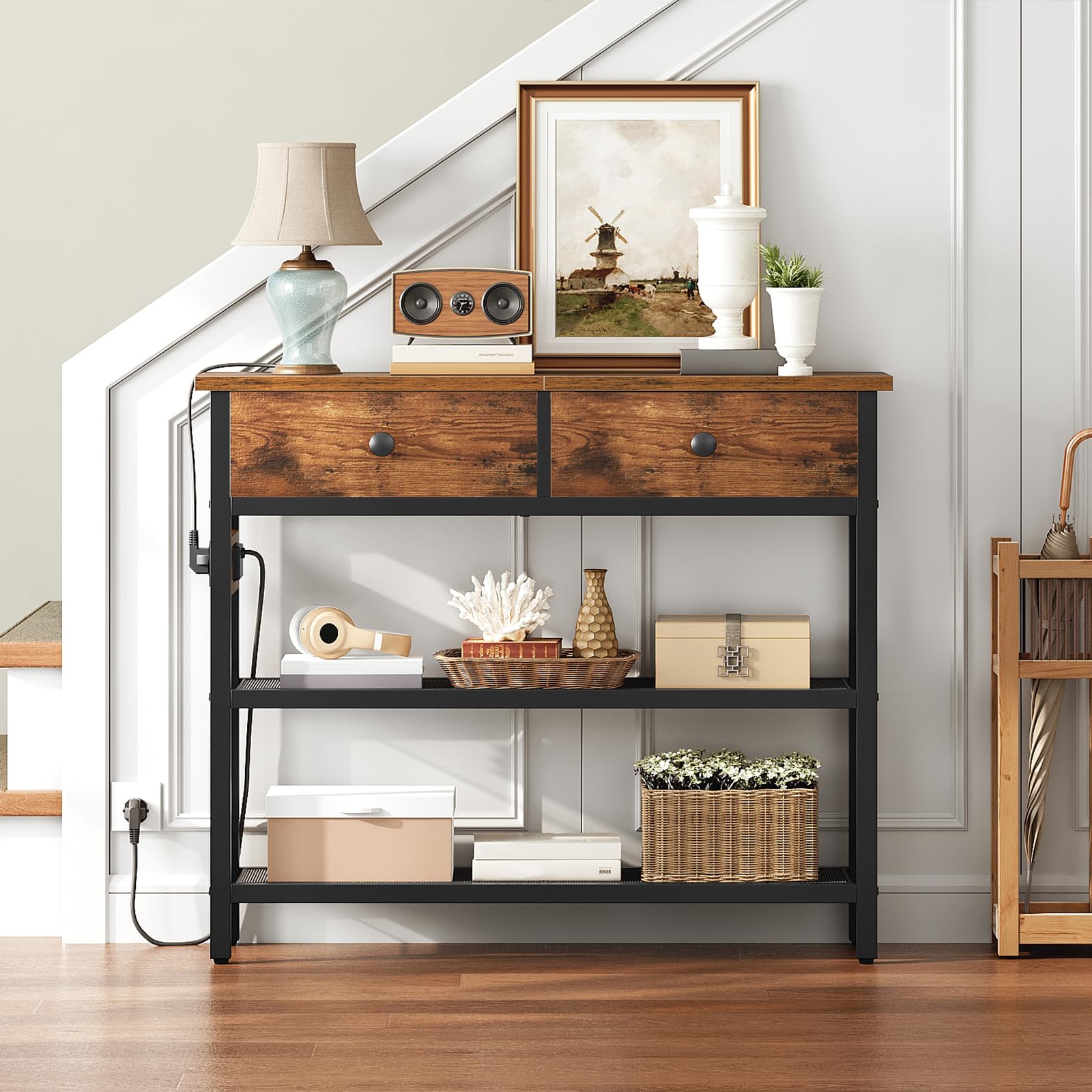 HOOBRO Mesa de Consola de 75 cm, Mesa de Entrada con Regleta, 2 Cajones de Tela, Estantes de Rejilla Metálicas, Expositor, para Entrada, Pasillo, Sala de Estar, Marrón Rústico y Negro EBF72CXG01