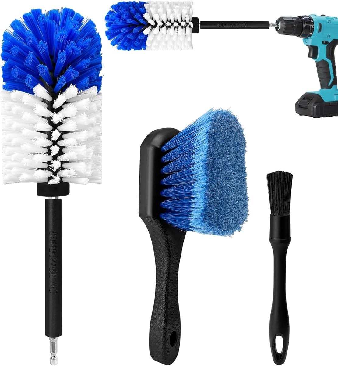 Wheel Brush Kit,Soft Drill Wheel Cleaner Brush, No Scratches Highly Dense Car Cleaning Brush Set for Wheels, Tire, Rims, Engines, Exhaust(Blue + White 3 Pk) : Automotive