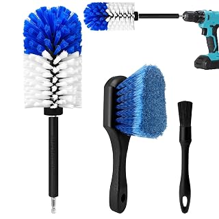 Wheel Brush Kit,Soft Drill Wheel Cleaner Brush, No Scratches Highly Dense Car Cleaning Brush Set for Wheels, Tire, Rims, Engines, Exhaust(Blue + White 3 Pk) - Amazon product rated Grade A