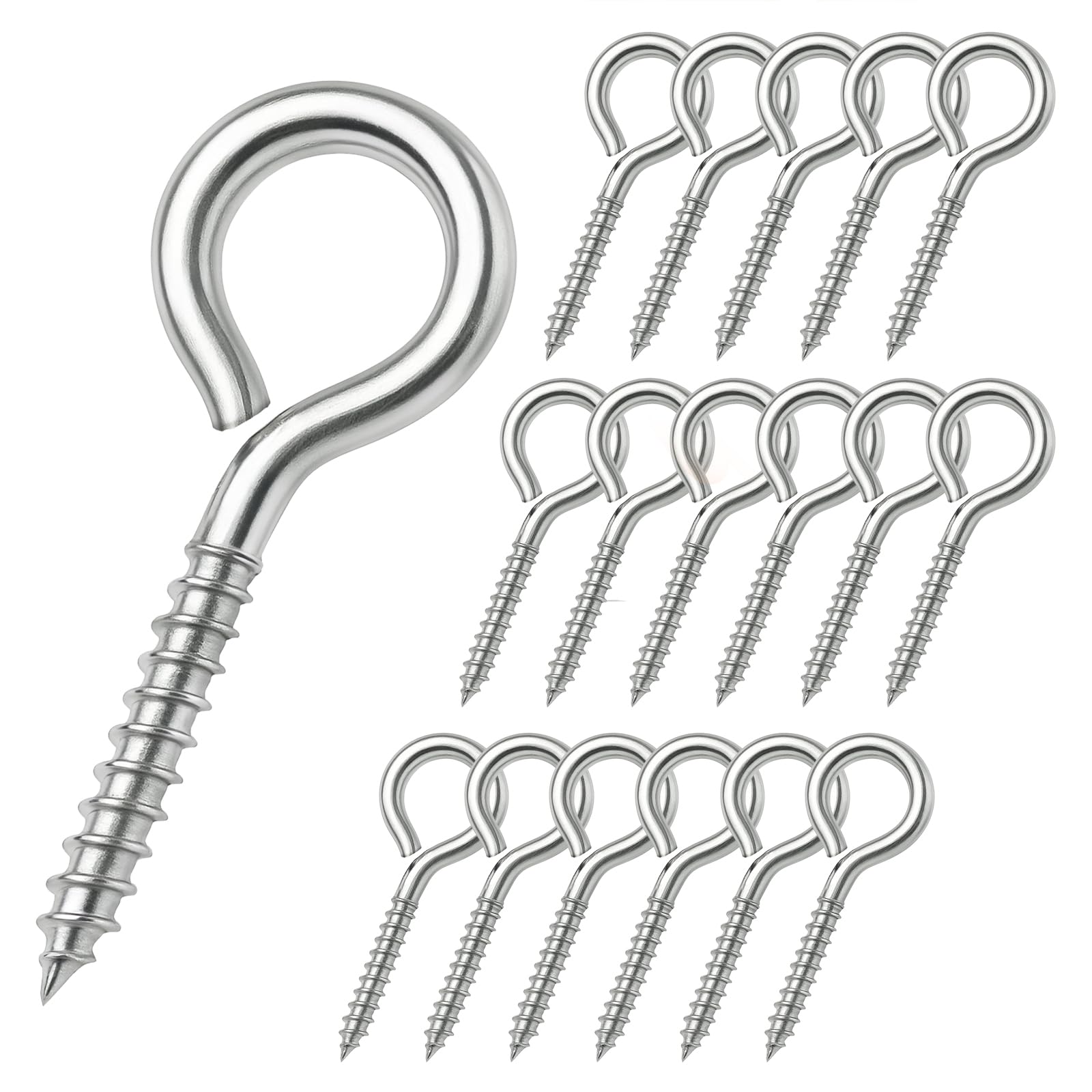 2.55 Inches Eye Screws 304 Stainless Steel Eye Hooks, M6 Heavy Duty Screw Eye Bolts Load Bearing 200LBS for for Wood Securing Cables Wire Indoor & Outdoor Uses (18, M6)