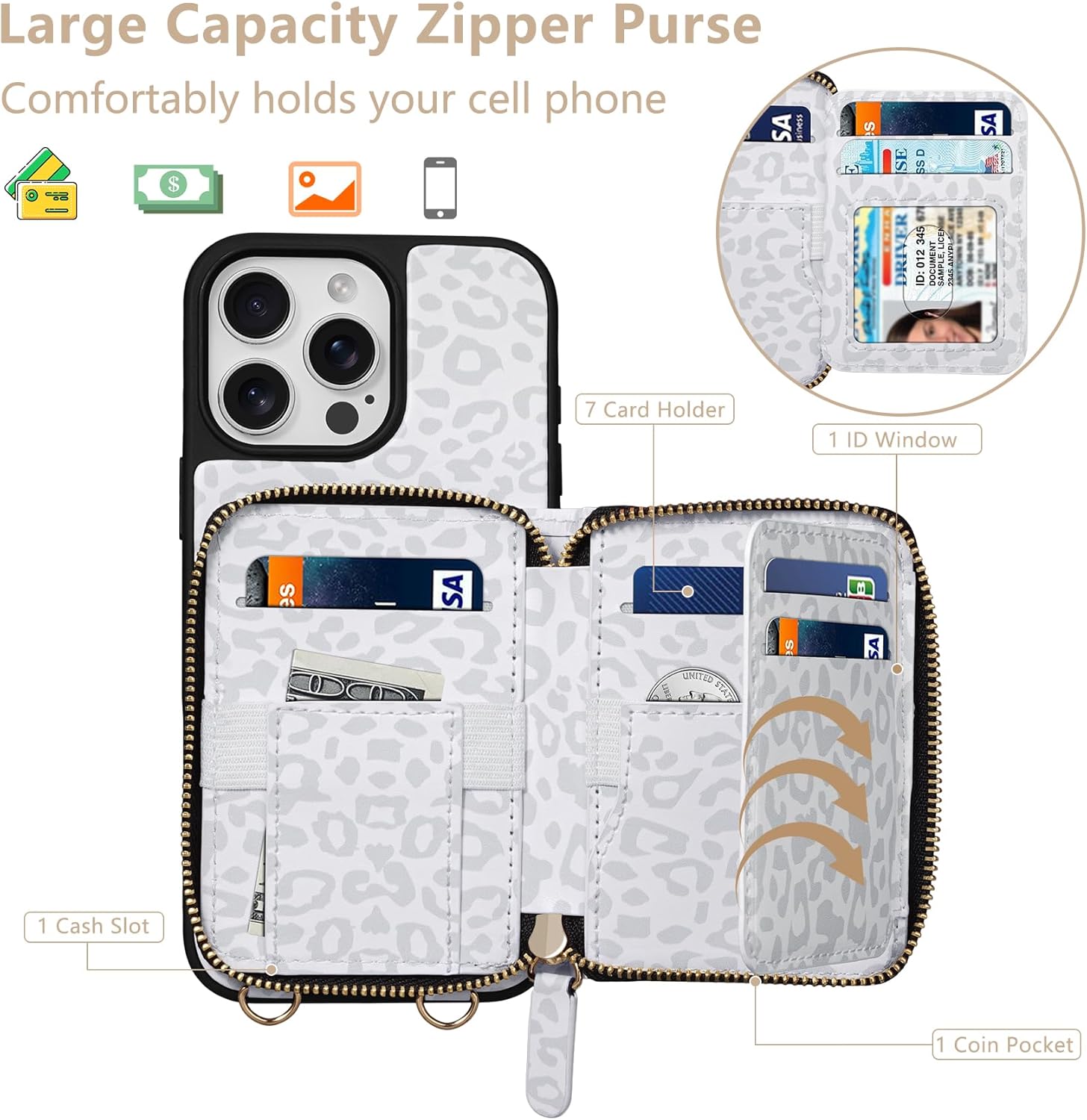 keallce wallet case for iphone 16 pro max 6.9'' case, lanyard & handstrap flip leather with rfid blocking card slots kickstand, crossbody zipper purse iphone cover for iphone 16 pro max, leopard