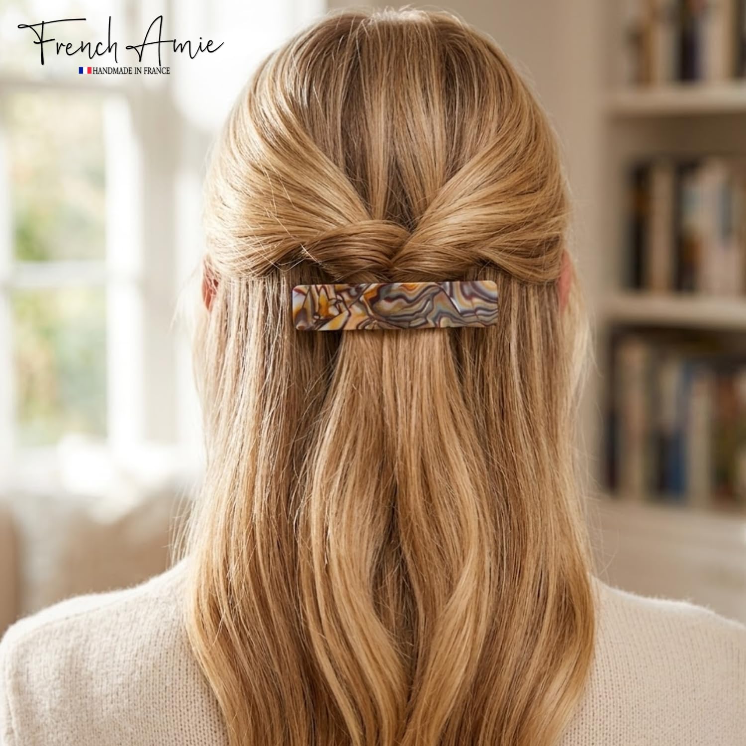 French Amie Oblong Silver Onyx Handmade 3.5 Inches Strong Grip Celluloid Silver Grey Onyx Automatic Hair Clip Hair Barrette - Long Lasting (Silver Onyx) by French Amie