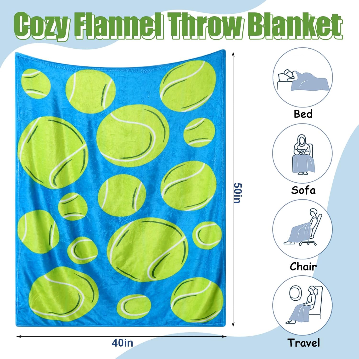 Newwiee 4 Pack Tennis Throw Blankets for Teens Adults Soft Flannel Fleece Sport Ball Blanket Team Gift for Tennis Lovers Players Coaches, 40"x50"