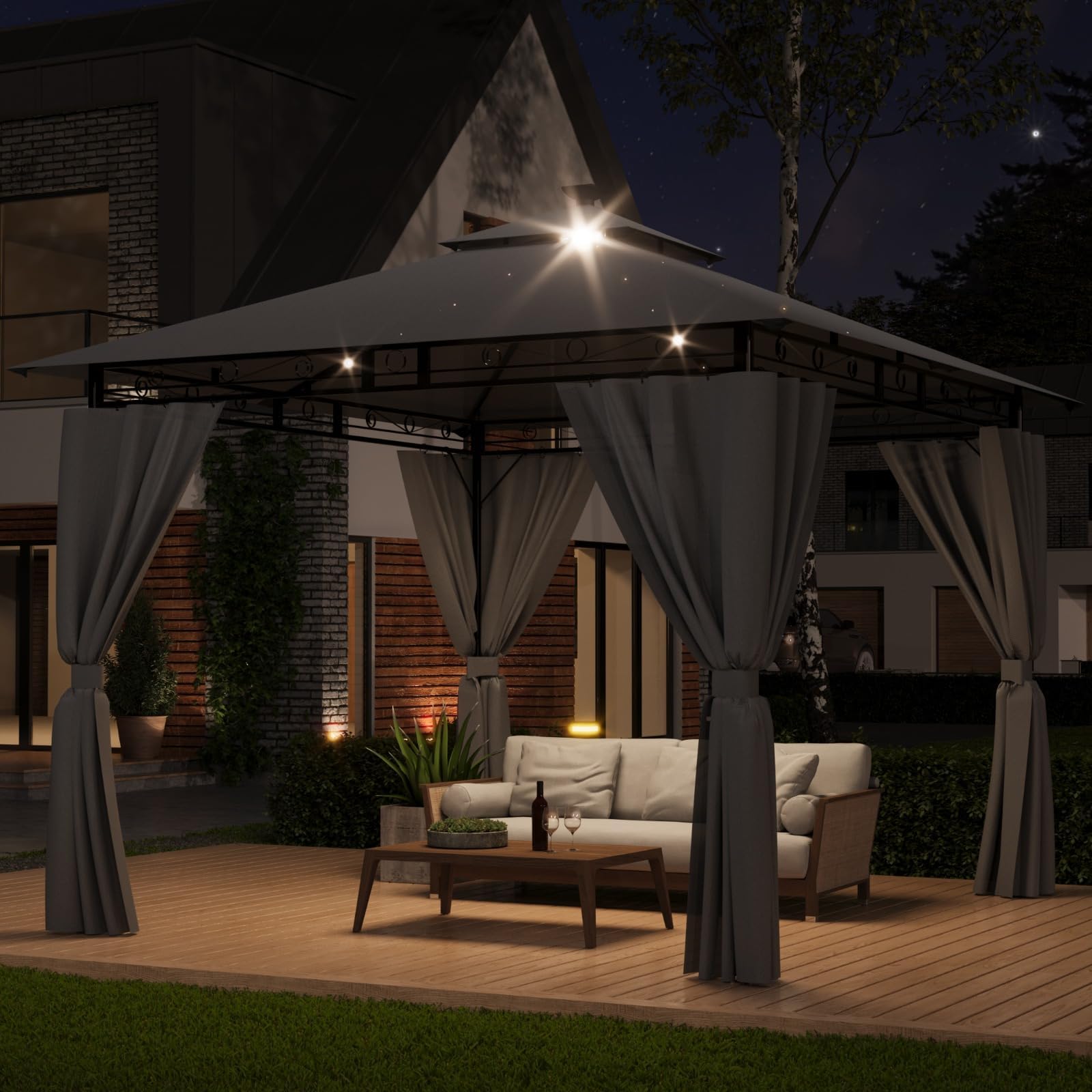 Devoko Gazebo 3x3m con Luce LED Impermeabile UV50+ Doppio Tetto Tenda da Giardino per Famiglie Grigio