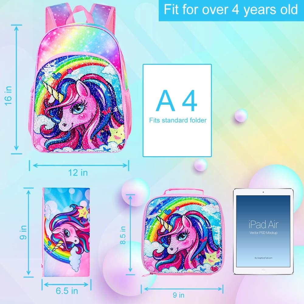 3PCS Unicorn Backpack, 16" Girls Rainbow Sequins Kids Bookbag with Lunch Box, School Bags for Elementary Preschool Kindergarten - Pink - Image 4