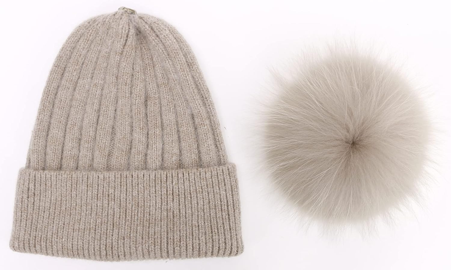 Women's Real Fur Pom Pom Cashmere Blend Winter Ribbed Knit Cuffed Beanie Skull Cap Hat with Fur Pom Beanie Hat - Image 3