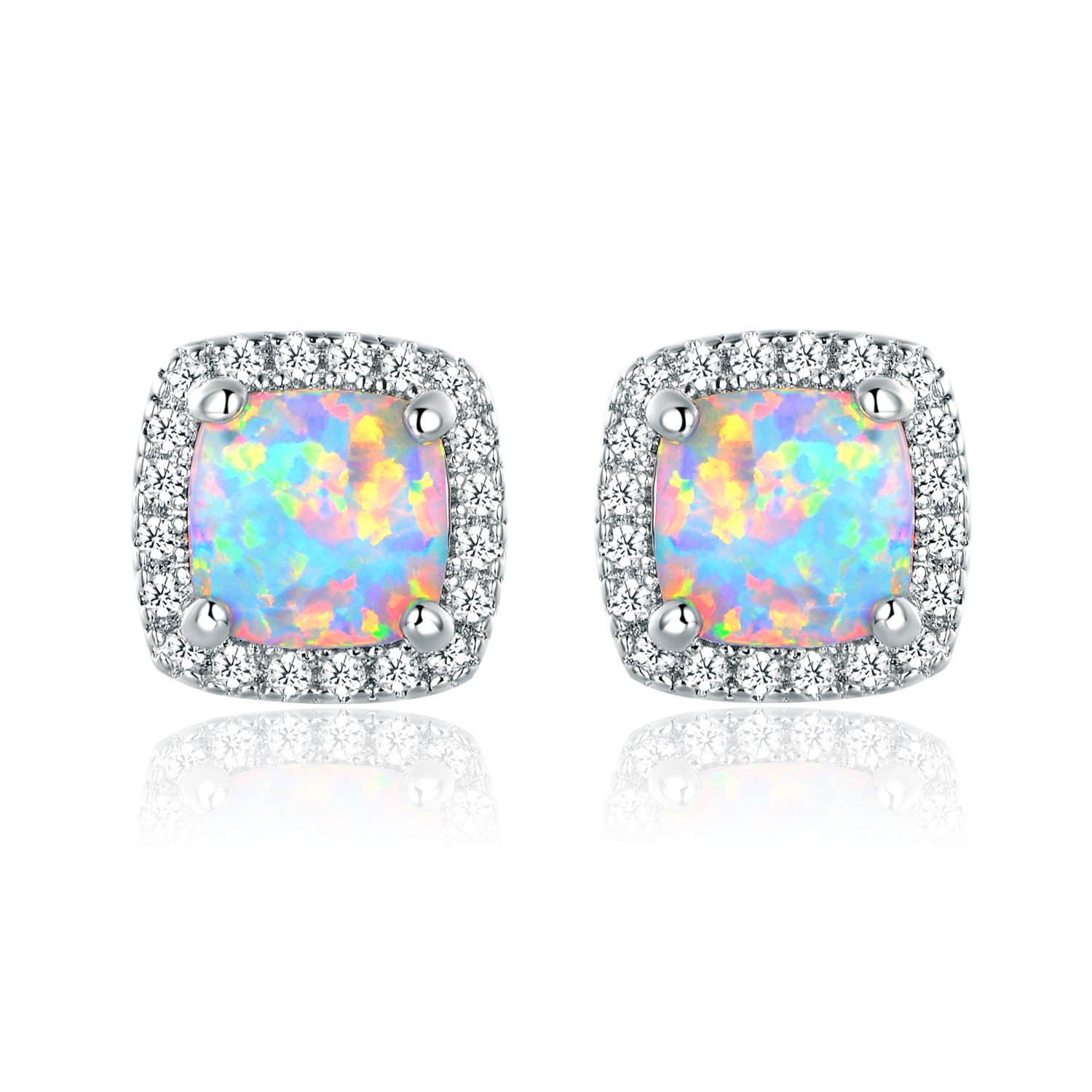 Barzel White Gold Plated Created White Opal Stud Earrings for Women - Made In Brazil