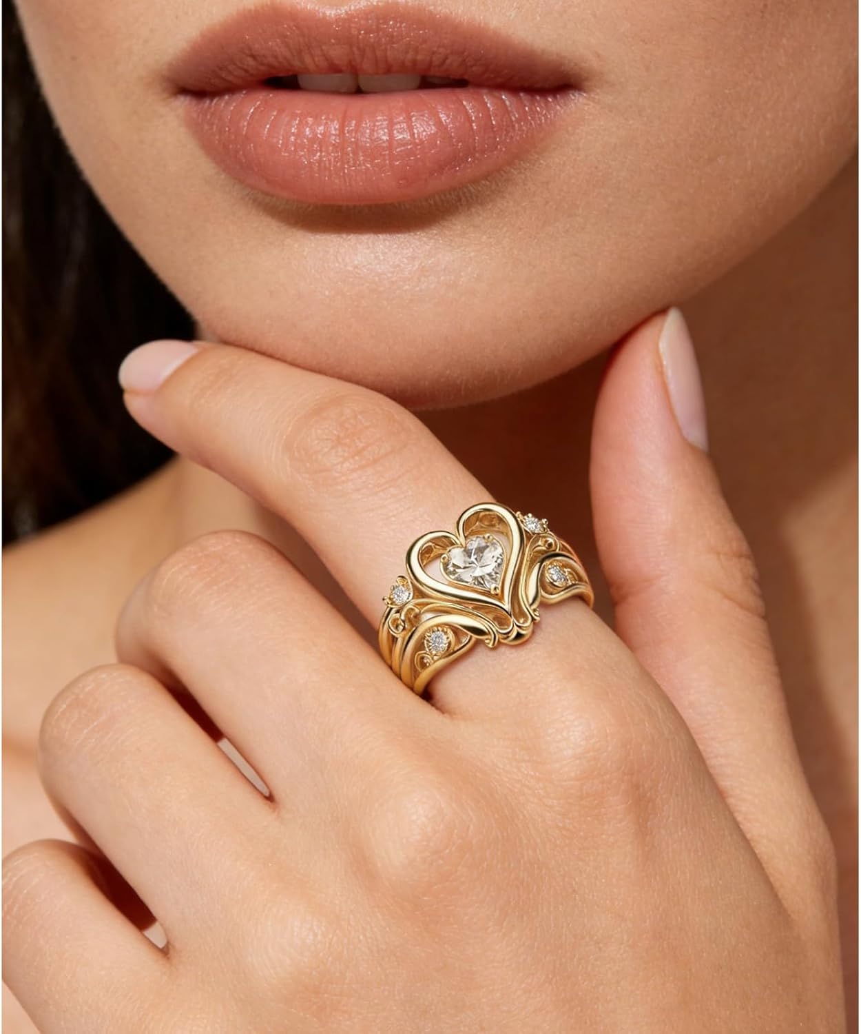 14K Gold Plated 925 Sterling Silver Ring for Women,Heart Promise Ring Dainty Cubic Zirconia Engagement Love Rings Filigree Jewelry Gift for Women Wedding Size:6-10
