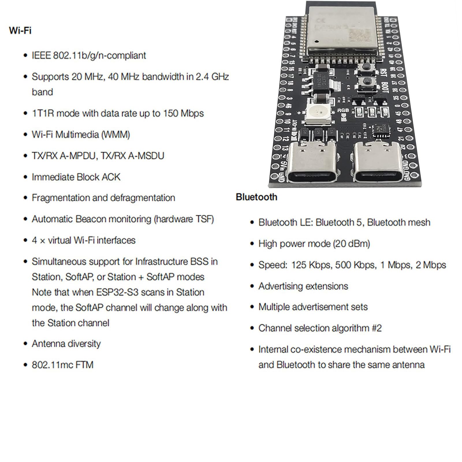 6 szt. ESP32 devkit s3 płytka rozwojowa z modułem WiFi BT - ESP32-S3-wroom-1 n16r8 mcu, 44-pinowa 8 m psram i kabel typu c do projektów iot