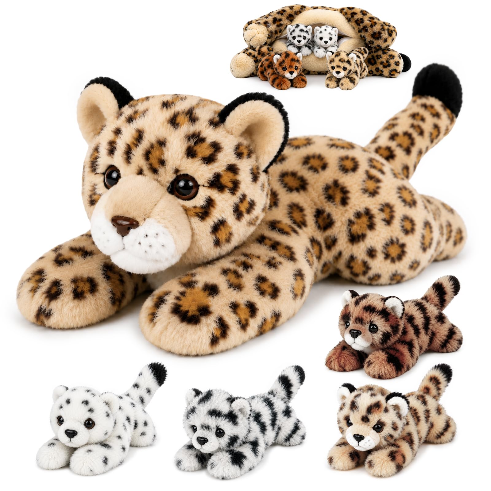 YIIQUWEN Leopard Plush with 4 Cubs, Cheetah Stuffed Animal Set for Kids