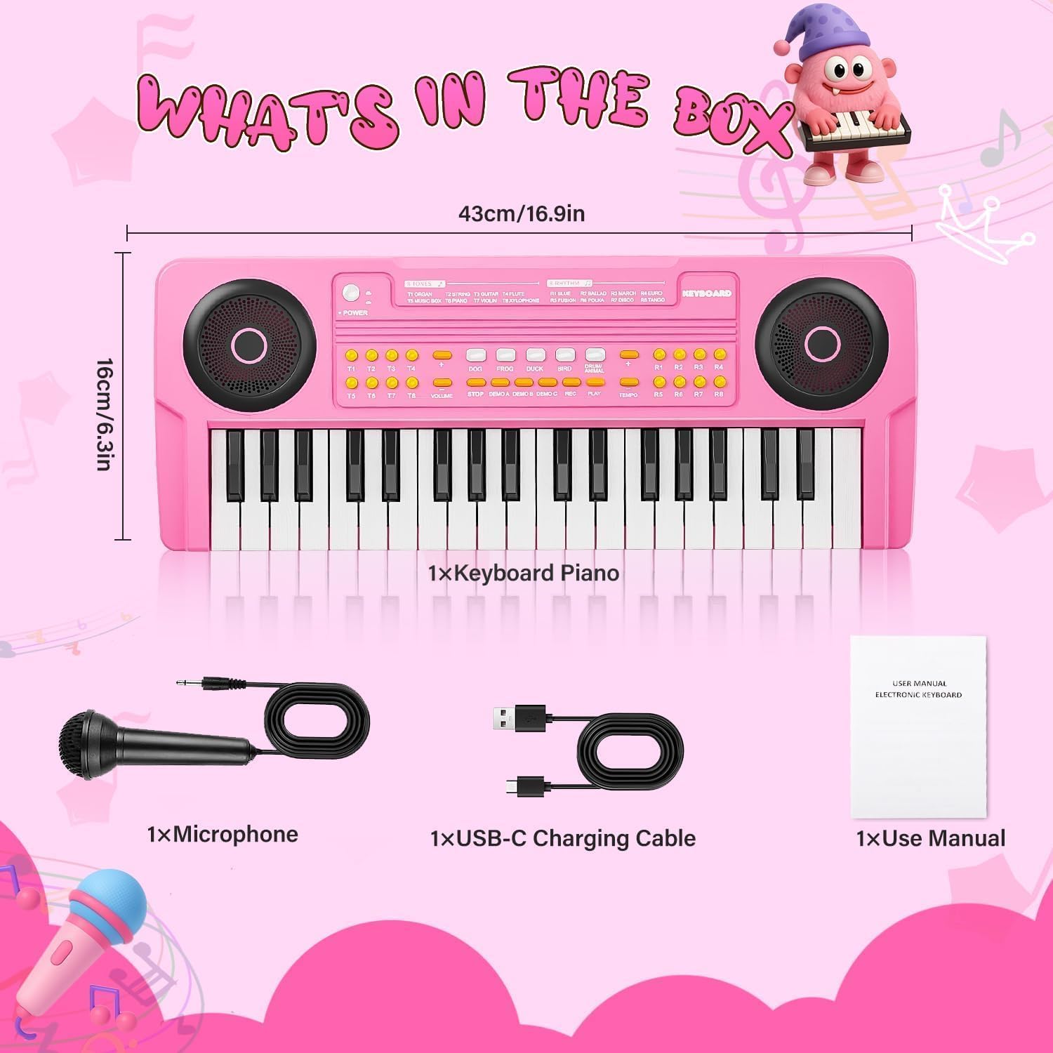 Rosa Klavier Keyboard Spielzeug zum 4 Geburtstag für Mädchen - 37-Tasten Kinder Piano mit Mikrofon - Kleinkind Musikspielzeug für 3 4 5 6 7 jährige Jungen Mädchen Geschenke