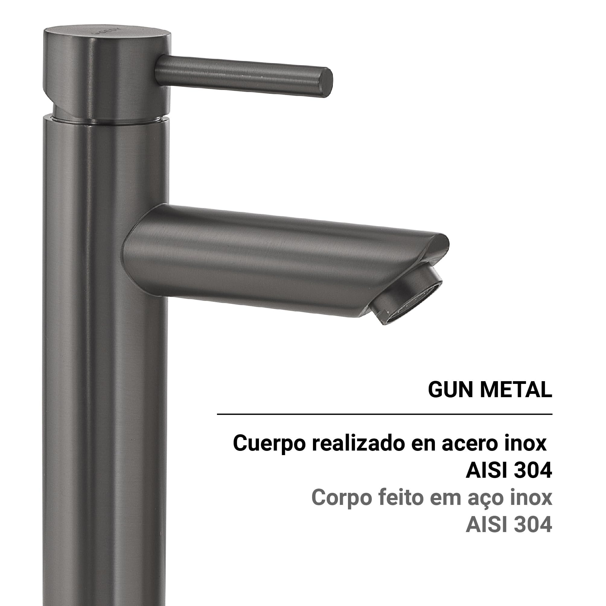 Gedy GARDA - Grifo Monomando Lavabo Encimera Caño Alto Acero Inox AISI 304 285mm – Cartucho Cerámica 35mm – Gun Metal PVD