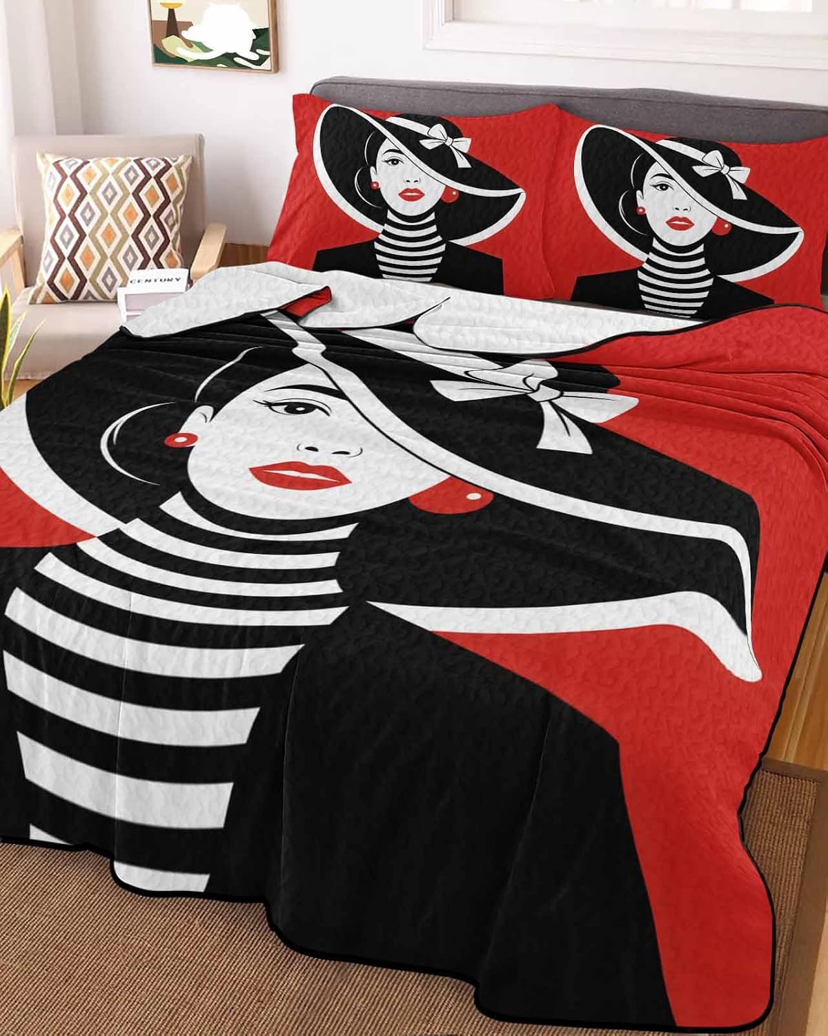 Fashion Girl Wearing Black Hat Full Quilt Bedding Set,Summer Quilt Lightweight Quilted Coverlet with 2 Pillow Shams, Black White Red 3-Piece Bedspread Quilt Set for All Season