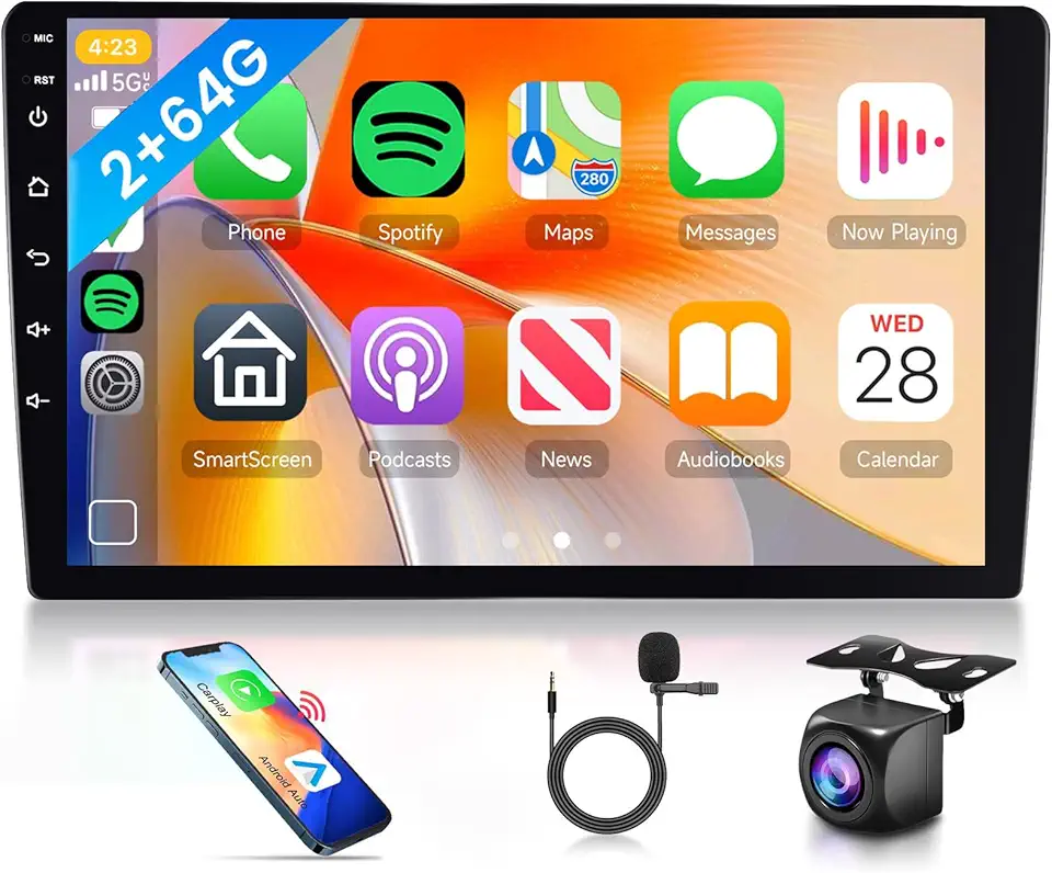 2G + 64G Android Double Din Wireless Carplay Estéreo para carro Android Auto, Rimoody Car Radio 22.9 cm Touch Screen Mirror Link GPS WiFi Bluetooth EQ FM/RDS + Câmera de backup AHD