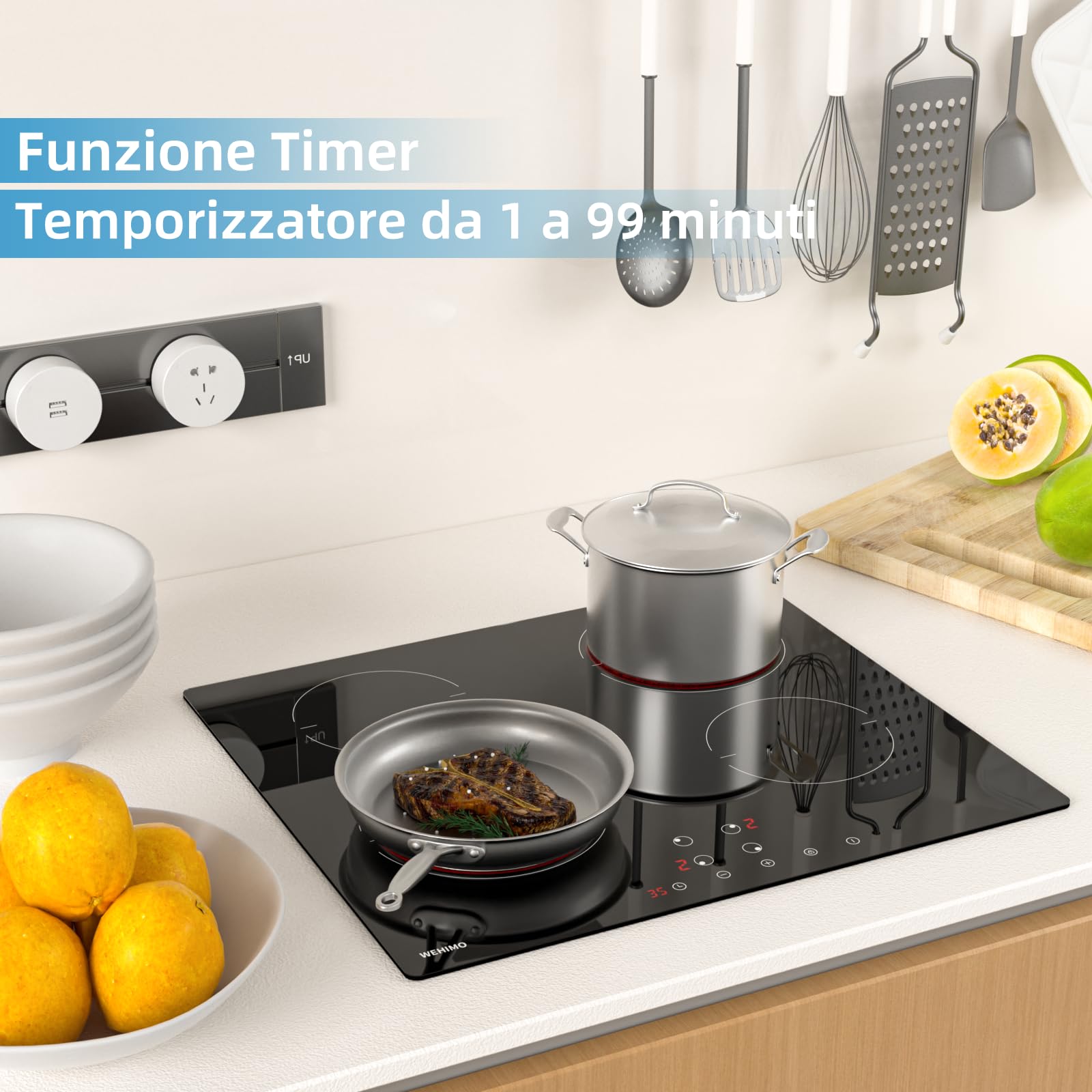 WEHIMO Piano Cottura in Vetroceramica 4 Fuochi, Piano Cottura Elettrico, 59cm, 6000W, 4 Zone di Cottura, 9 Livelli di Riscaldamento, Timer, Controllo Tocco, Sicurezza Bambini