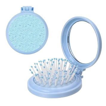 Light Blue White Wave Hair Brush With Mirror, Round Mirror Pocket Hair Brush For Men Women, Travel Essential Compact Comb Womens Handbag Essential For Purse