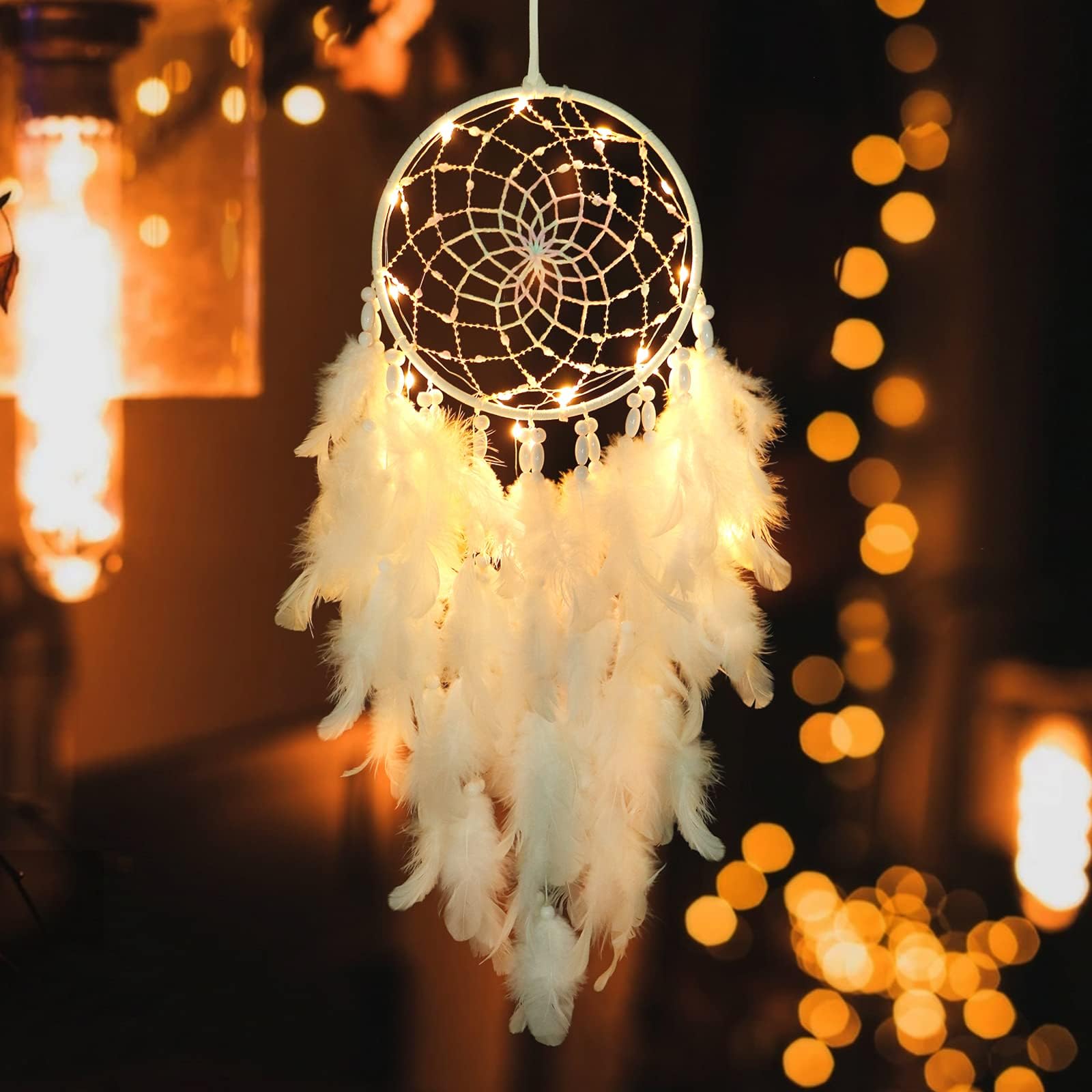 LOMOHOO LED Dream Catcher Wall Decor White Feather Dream Catcher with Light,Handmade Pearl Boho Woven Art Ornament for Kids Girls for Bedroom Home Hanging Decoration