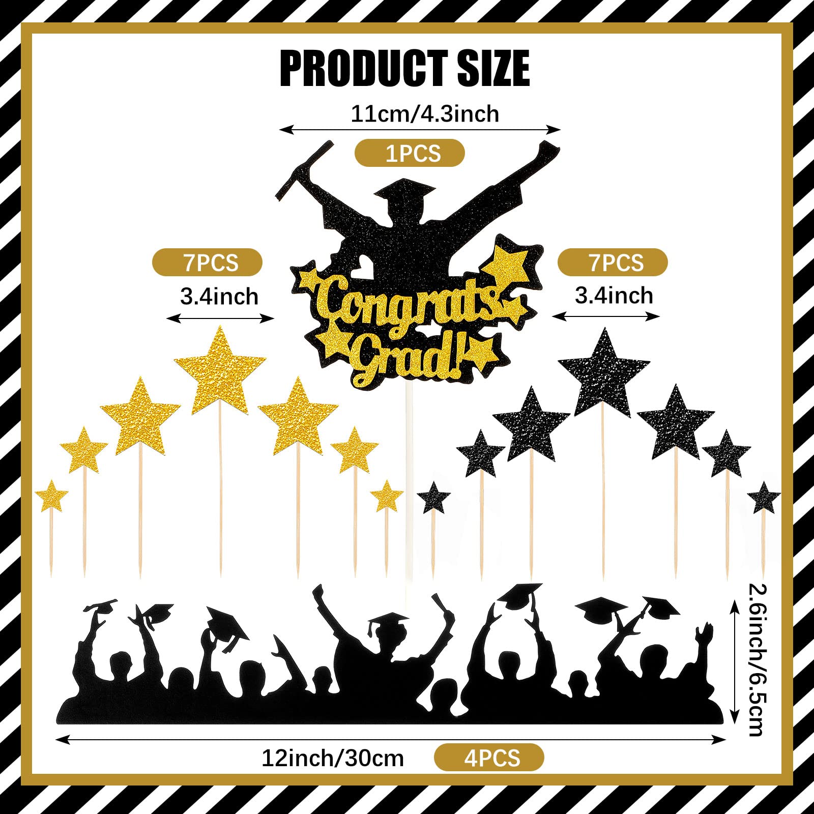 19 Pcs Glitter Graduation Cake Toppers Includes Class of 2025 Congrats Grad Cake Topper Graduation Hats Cake Border and DIY Glitter Star Cupcake Toppers for Graduation Decorations, Black and Gold