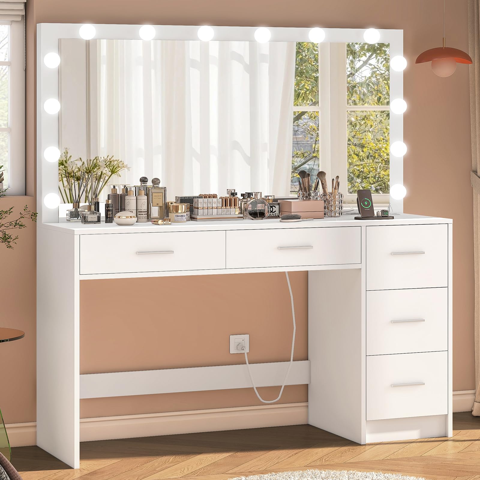 47.2" Large Vanity Desk with Mirror & 14 LED Lights, Makeup Vanity Table with 5 Drawers & Charging Station, Makeup Vanity Desk, 3 Lighting Colors, Dressing Vanity Table for Bedroom, White