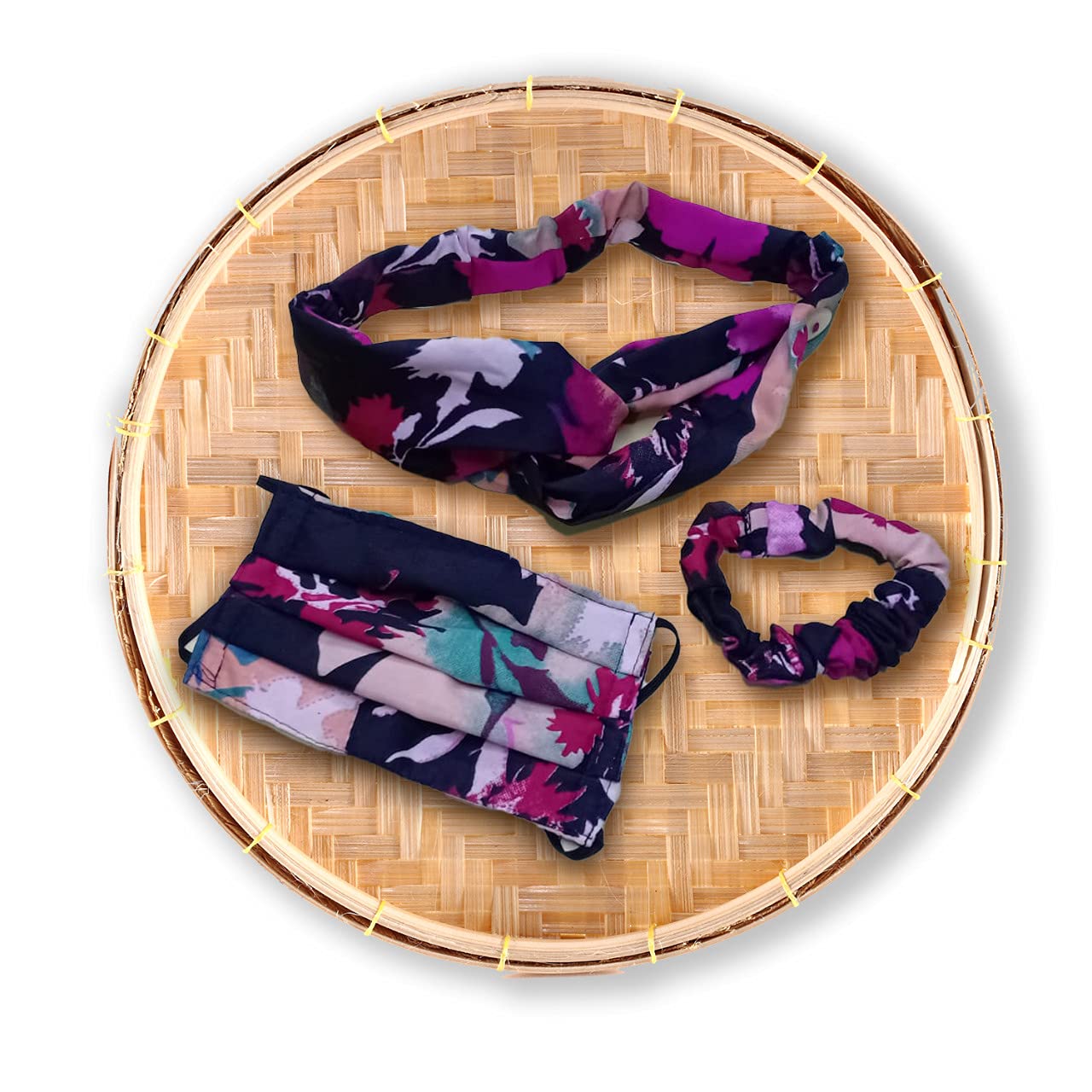 VendyJanine Cloth Face Mask Designer Fabric Combo of Knot Hair HeadBand Mask with Matching Scrunchies, Washable, Reusable Mask, Headband And Rubberband for Women (Set of 3) Random color