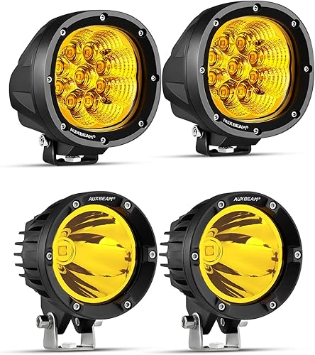 Auxbeam Paquete de cápsulas LED redondas de niebla ámbar, barra de luz de inundación de 4 pulgadas y 90 W para todo terreno + luces LED todoterreno
