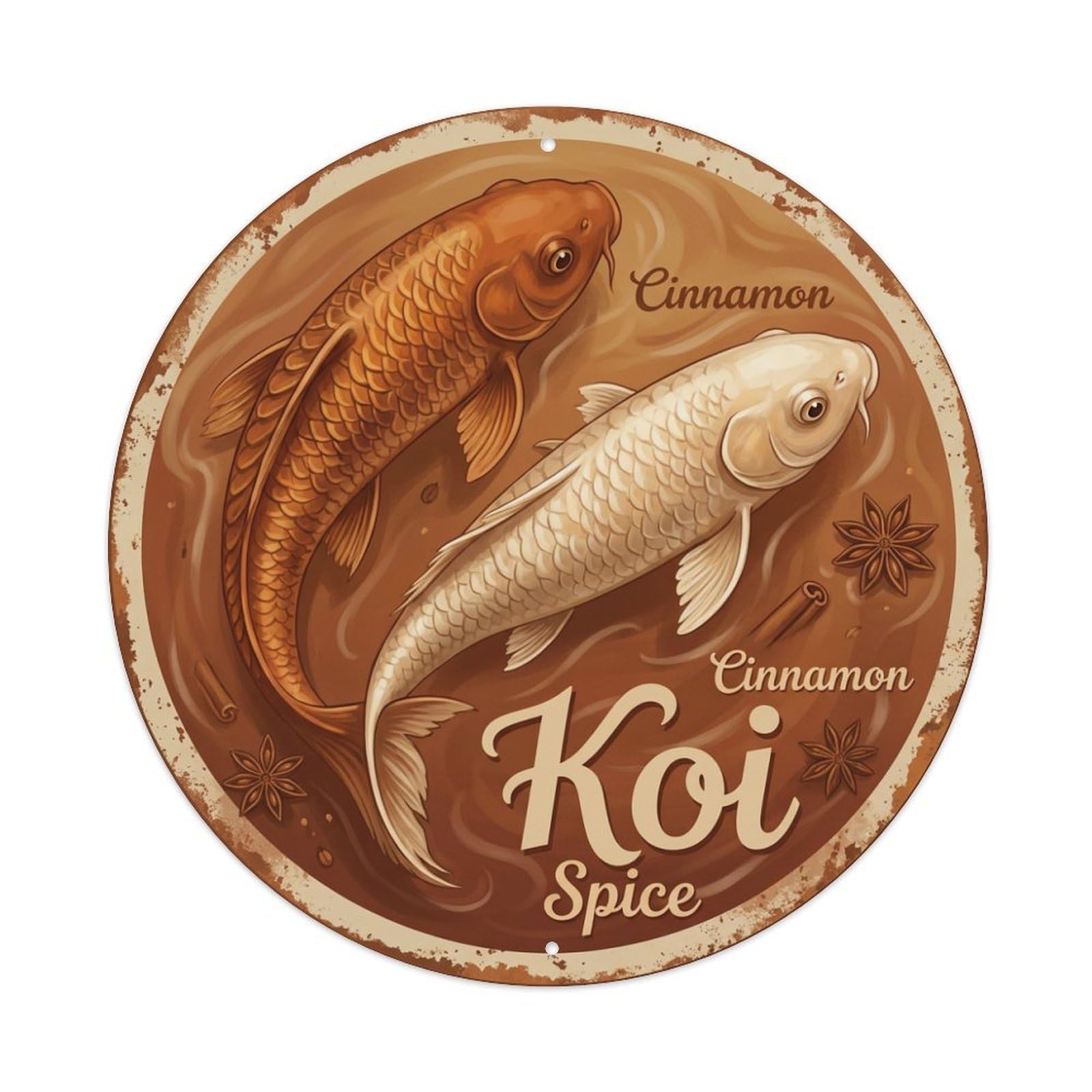 Koi Fish Cinnamon Spice Waters Brown Warm Aromatic Rich Metal Tin Sign