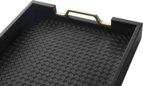 Miniatura 6 de HofferRuffer Bandeja decorativa rectangular de piel sintética con asas de metal dorado para mesa auxiliar, desayuno, té, alimentos, encimera,
