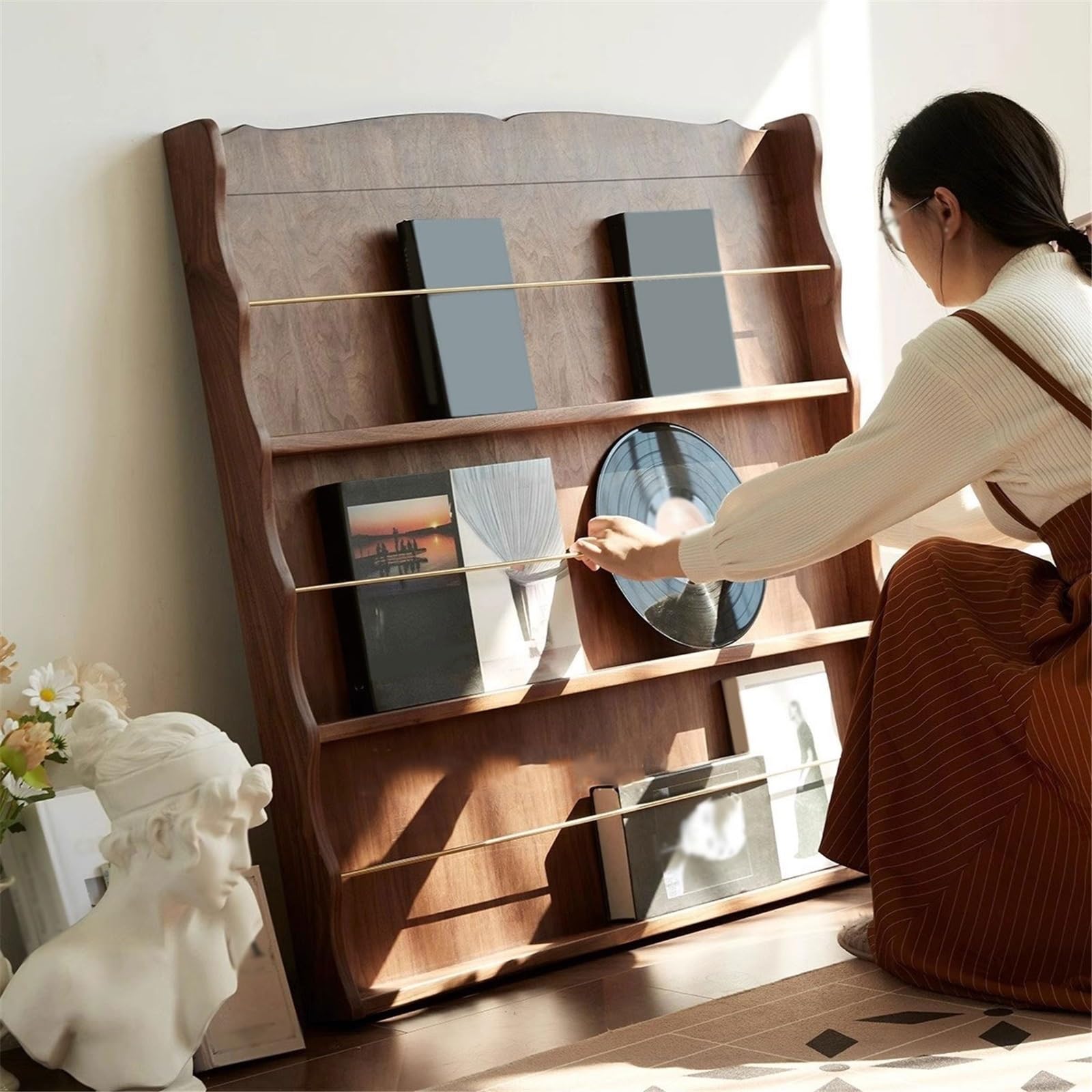 MRKU Porta Dischi in Vinile, espositore per CD, Organizer per la casa, Pavimento in Legno con divisorio in Ottone, scaffale per Libri