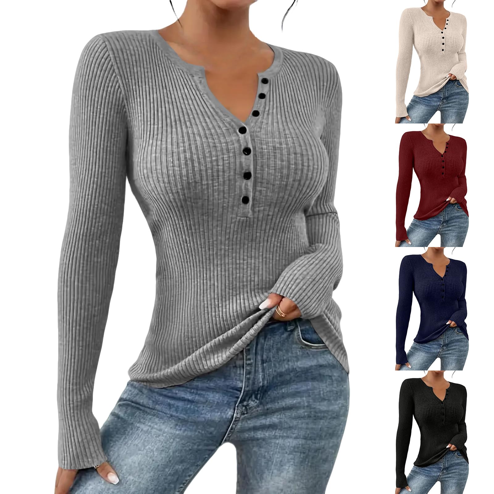 Sweaters for Women Button V Neck Long Sleeve Ribbed Knit Sweaters Slim Fit Lightweight Cute Y2K Pullover Sweatshirt