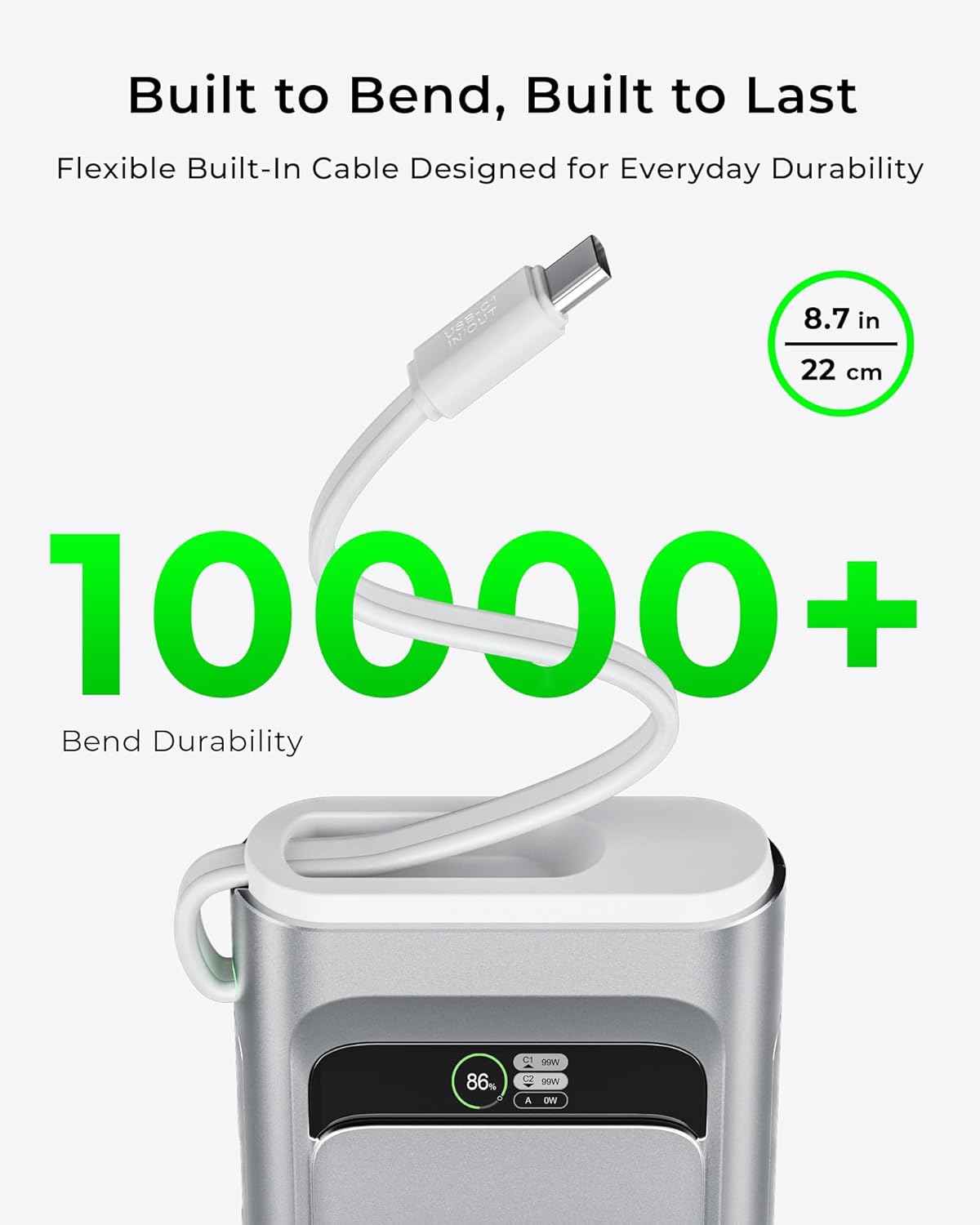 TALIX power bank with built-in cable showing 10000+ bend durability