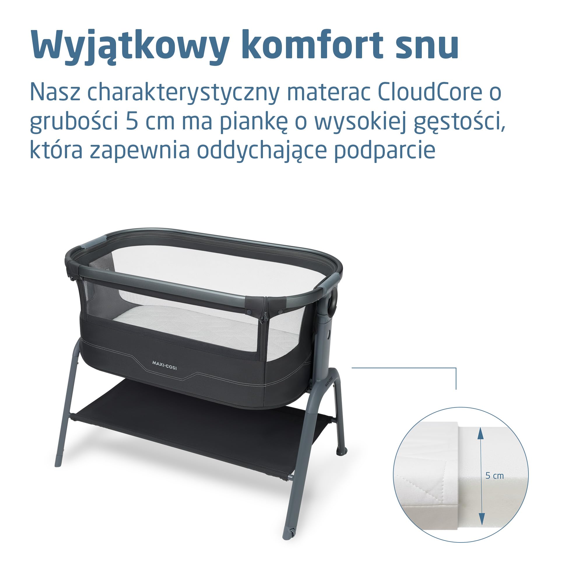 Maxi Cosi Iora² Dostawka do Łóżka, 0–6 Miesięcy (9 kg), Składane Lekkie Łóżeczko Dostawne, Materac CloudCore o Grubości 5 cm, 5 Wysokości, 2 Kółka, Łatwe Przesuwanie, Elegance Graphite