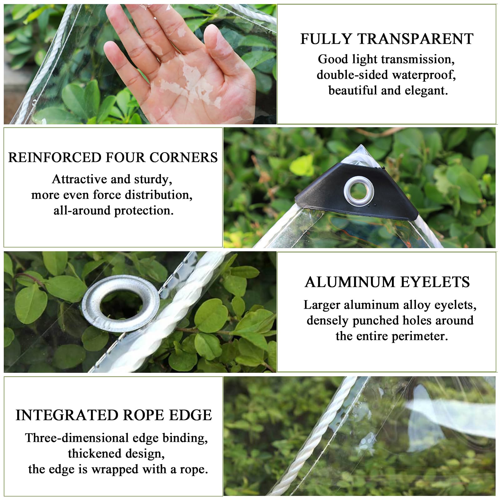 Lona Transparente Impermeable Exterior, 0,3 mm PVC Toldo con Ojales Protección UV Resistente a Desgarros para Terraza Pérgola Jardín Camping Piscina Muebles Plantas, con Cuerdas(1.5x3m)